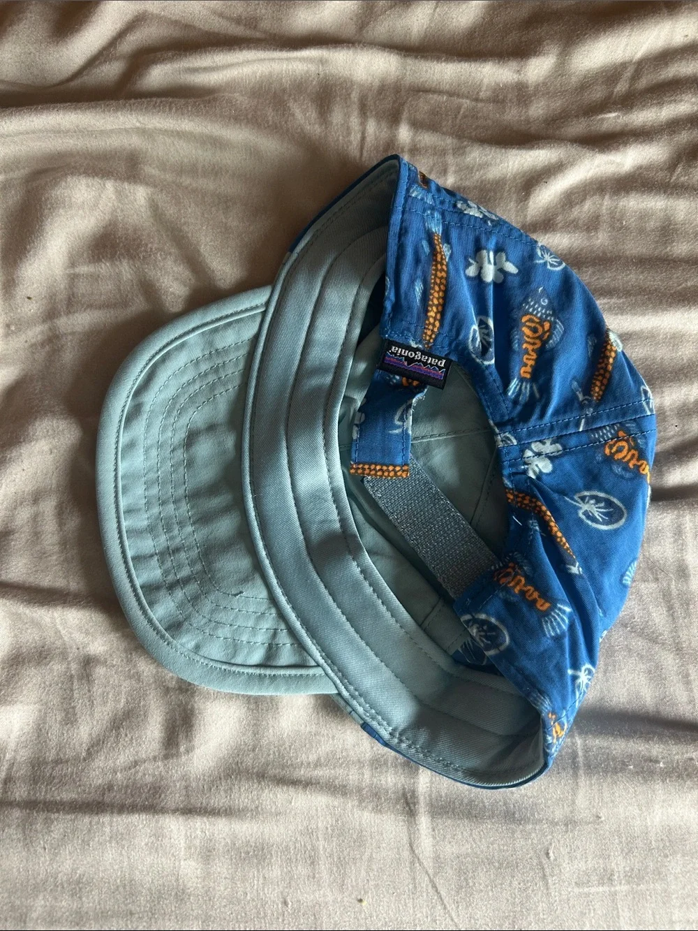 Patagonia Blue Kids Sun Hat with Light Blue Brim and Orange Accents